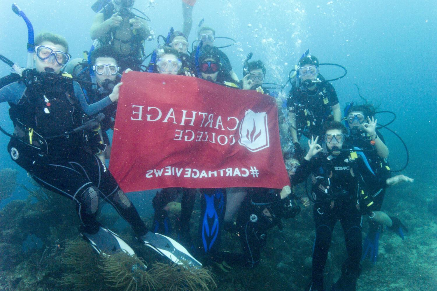 学生们手持<a href='http://xclp.ngskmc-eis.net'>bv伟德ios下载</a>旗帜，在j学期洪都拉斯游学之旅中潜水.